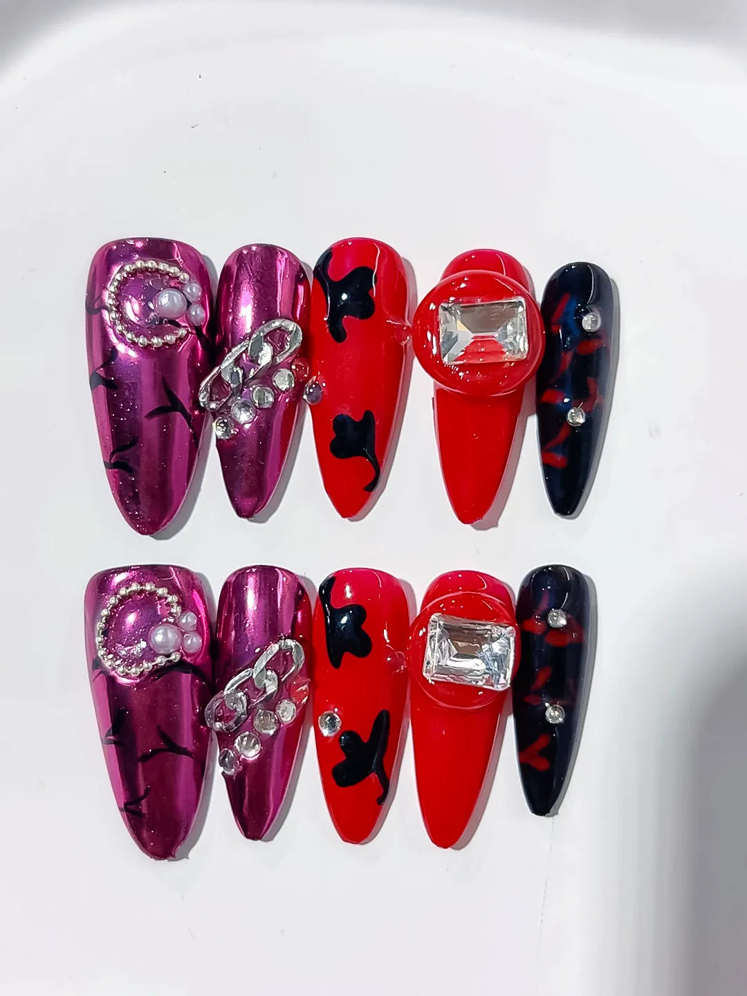 Long Pink Red Oval Metallic Bow Pearl