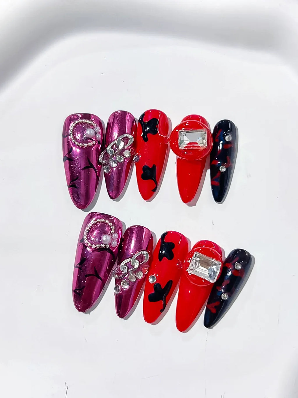 Long Pink Red Oval Metallic Bow Pearl