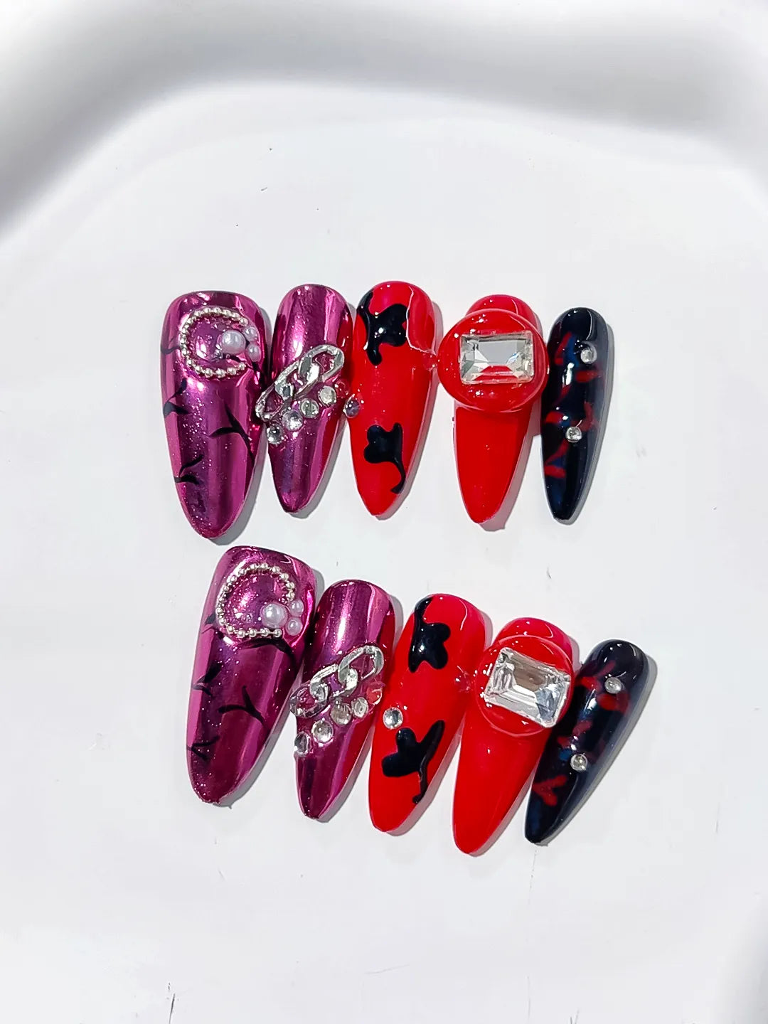 Long Pink Red Oval Metallic Bow Pearl