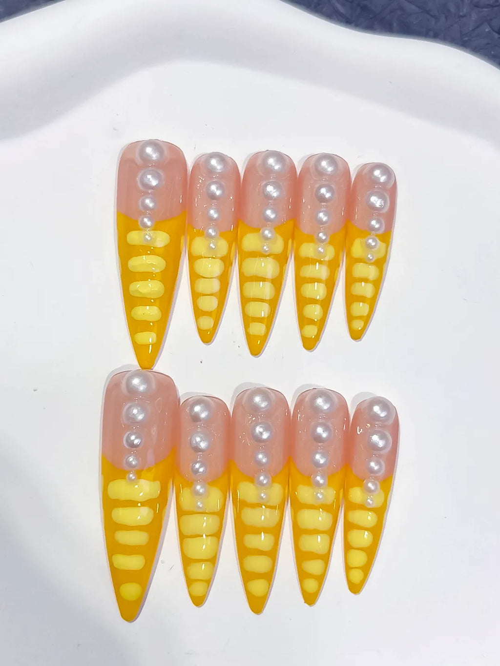 Long Nude Yellow Stiletto French tip Pearl