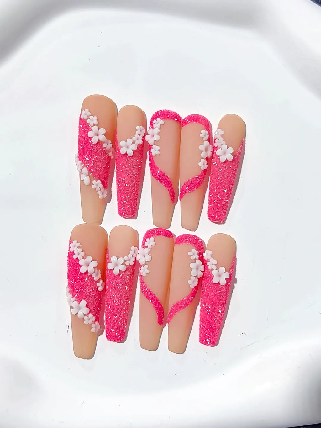 Long Nude Pink Coffin Glitter Flower 3D