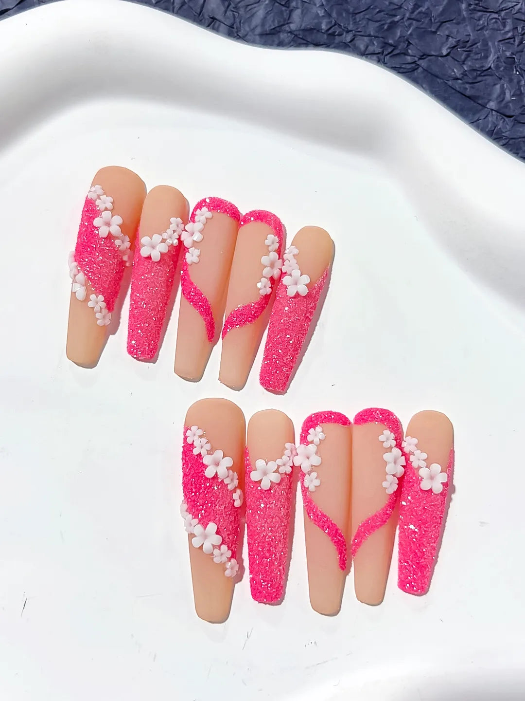 Long Nude Pink Coffin Glitter Flower 3D