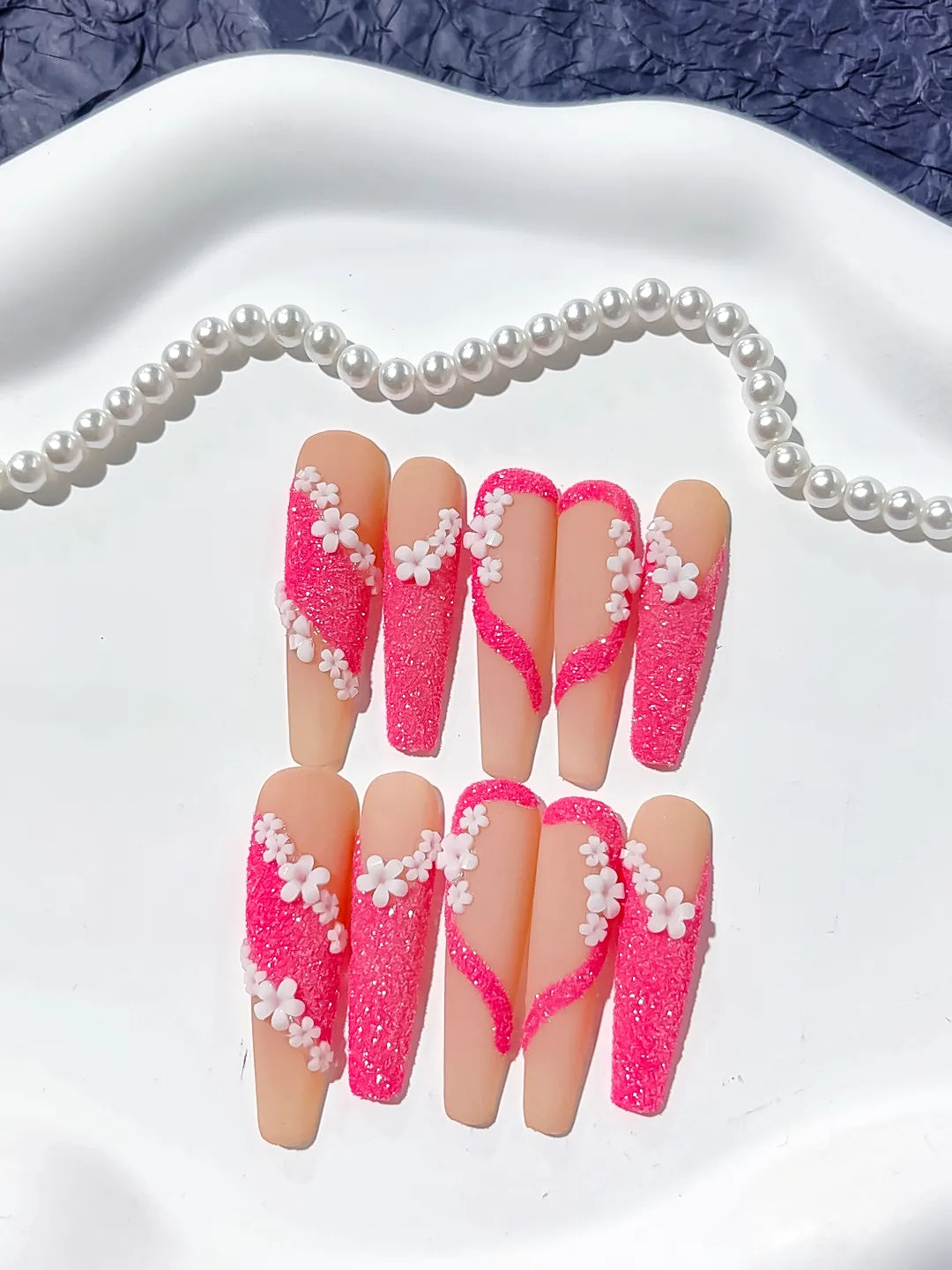 Long Nude Pink Coffin Glitter Flower 3D