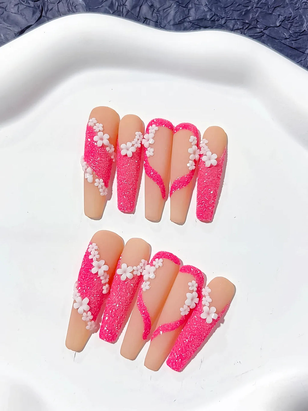 Long Nude Pink Coffin Glitter Flower 3D