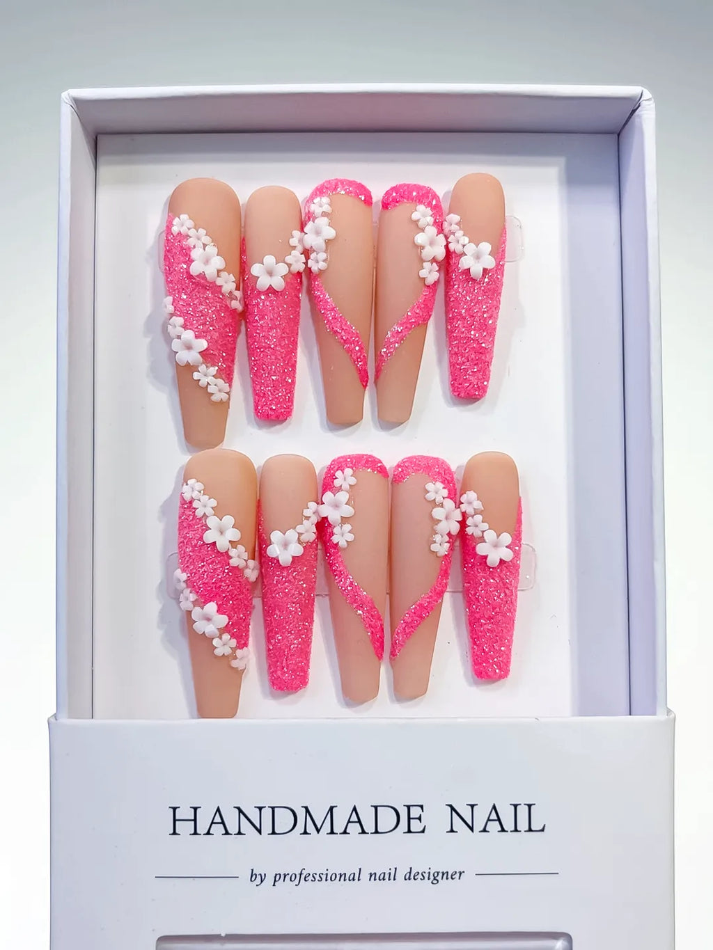 Long Nude Pink Coffin Glitter Flower 3D