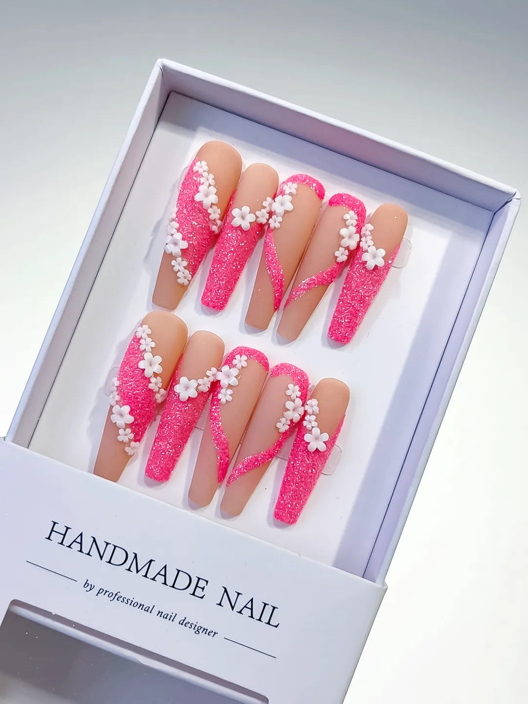 Long Nude Pink Coffin Glitter Flower 3D