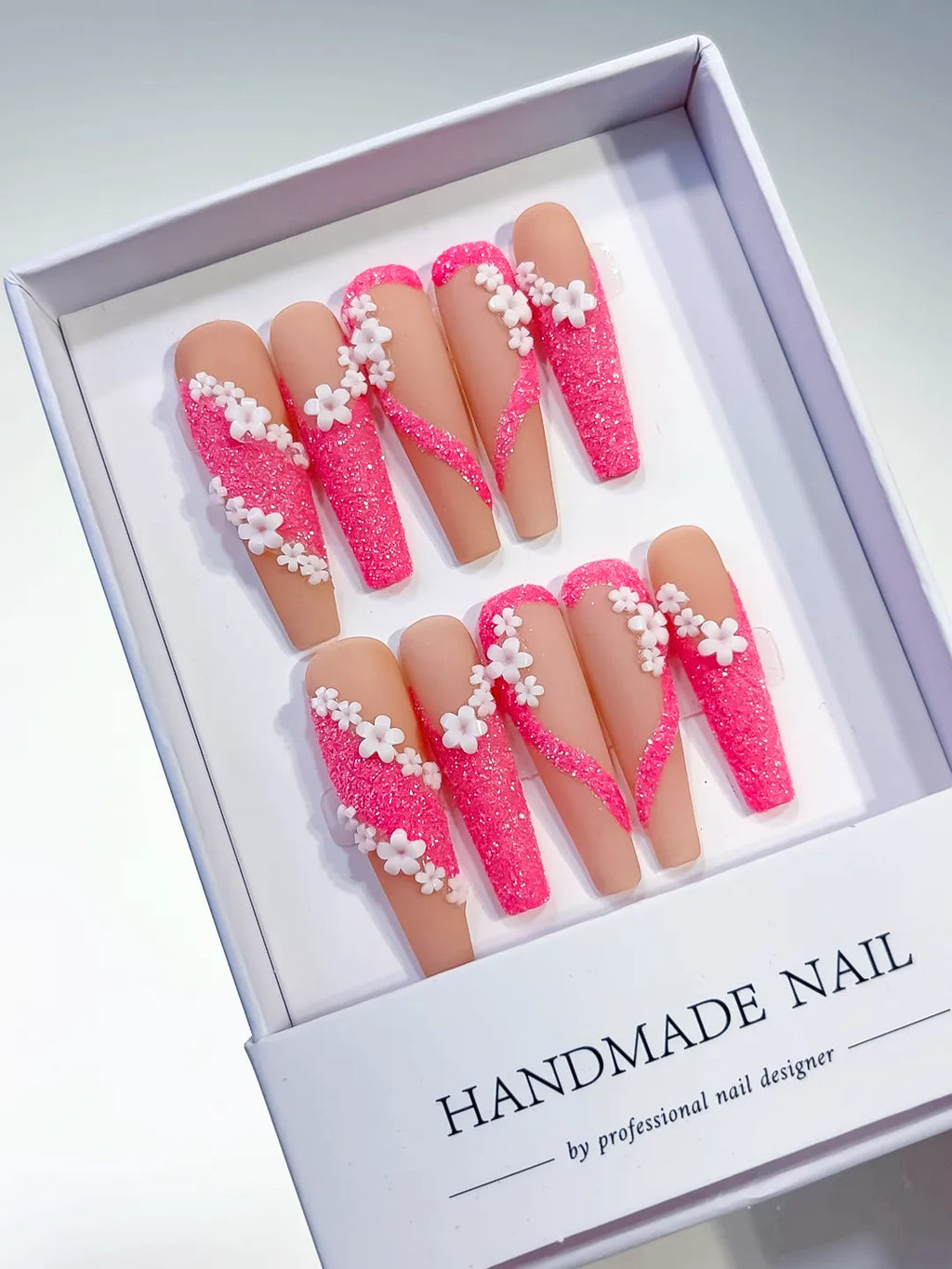 Long Nude Pink Coffin Glitter Flower 3D