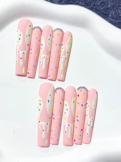Long Pink White Square Abstract Dot Pattern Rhinestone