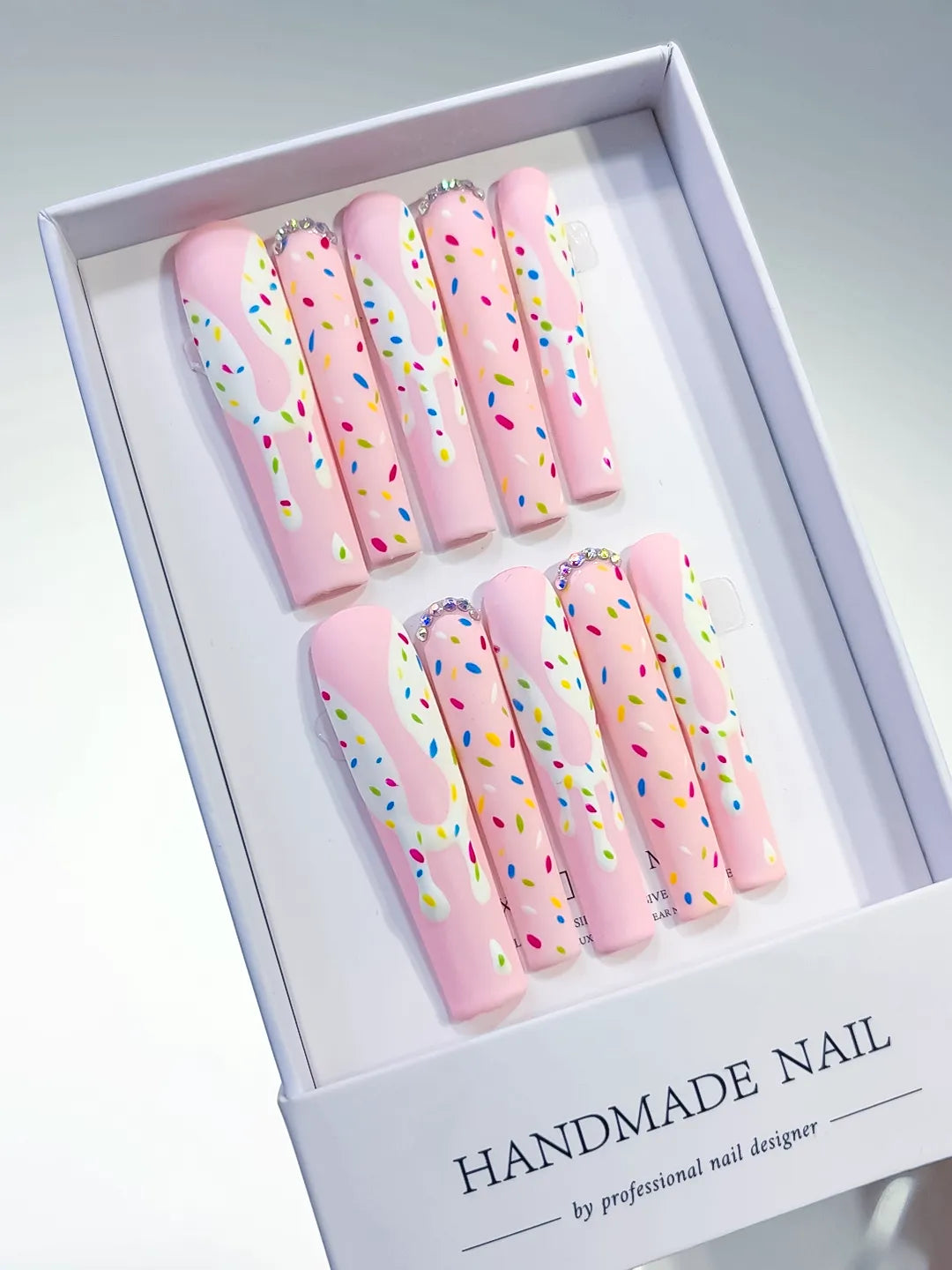 Long Pink White Square Abstract Dot Pattern Rhinestone