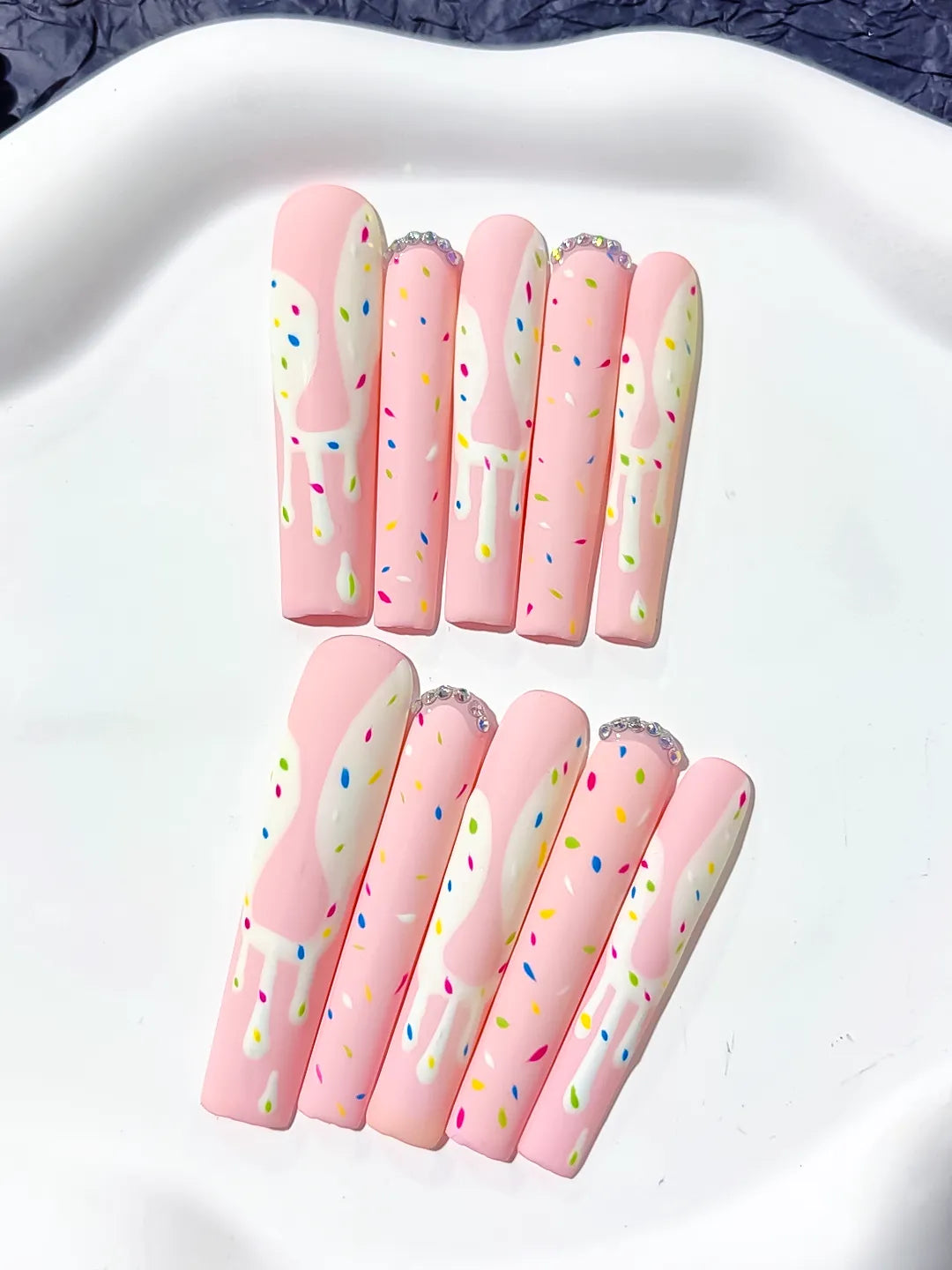 Long Pink White Square Abstract Dot Pattern Rhinestone