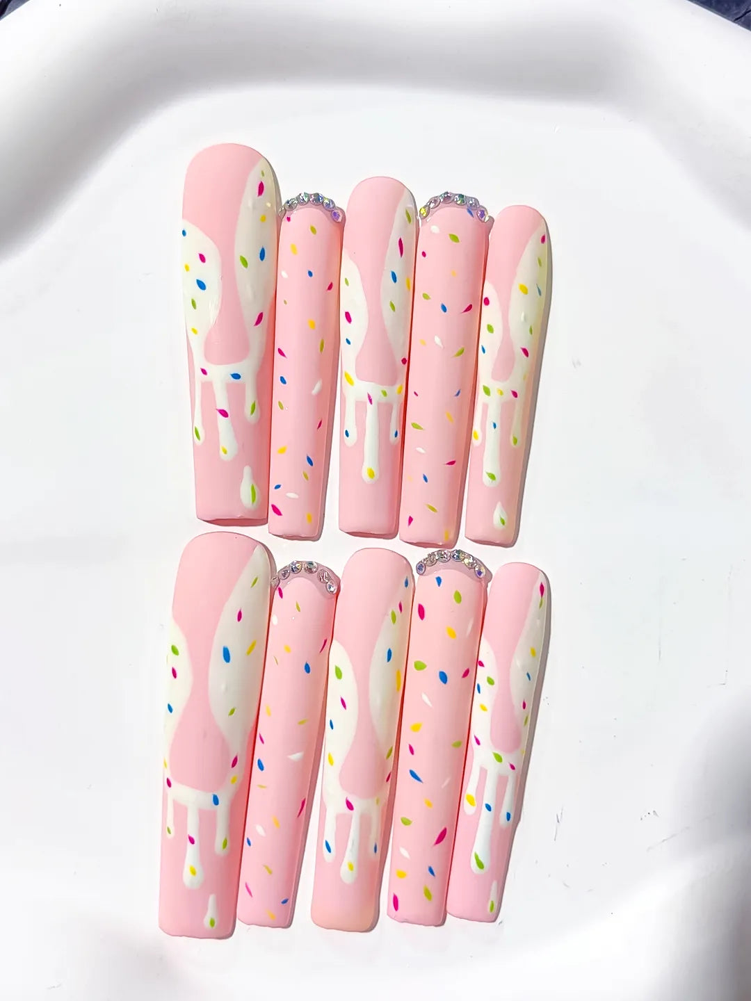Long Pink White Square Abstract Dot Pattern Rhinestone