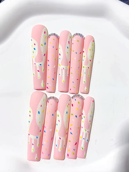 Long Pink White Square Abstract Dot Pattern Rhinestone