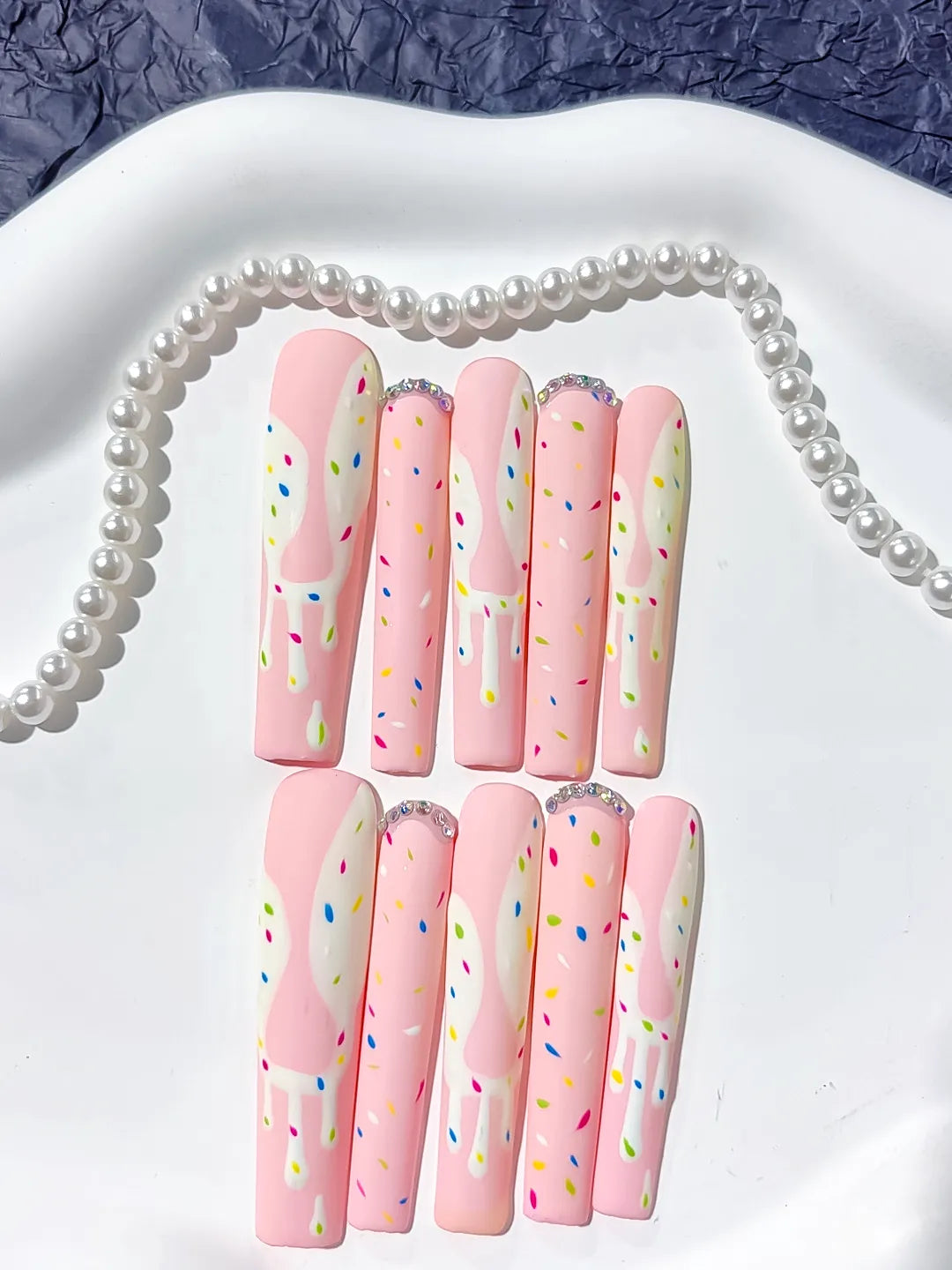 Long Pink White Square Abstract Dot Pattern Rhinestone