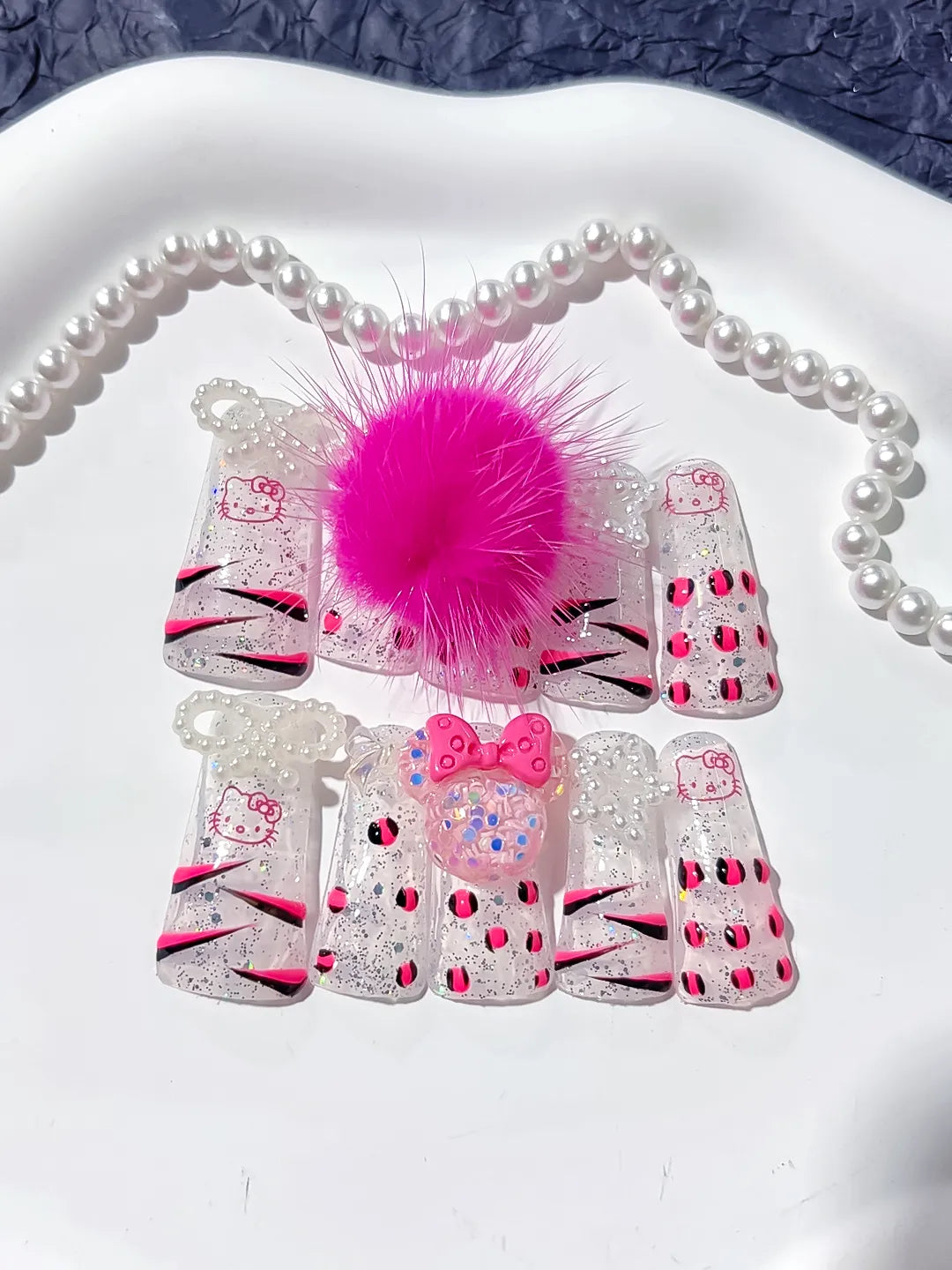 Long White Pink Duck Glitter Hello Kitty Bow