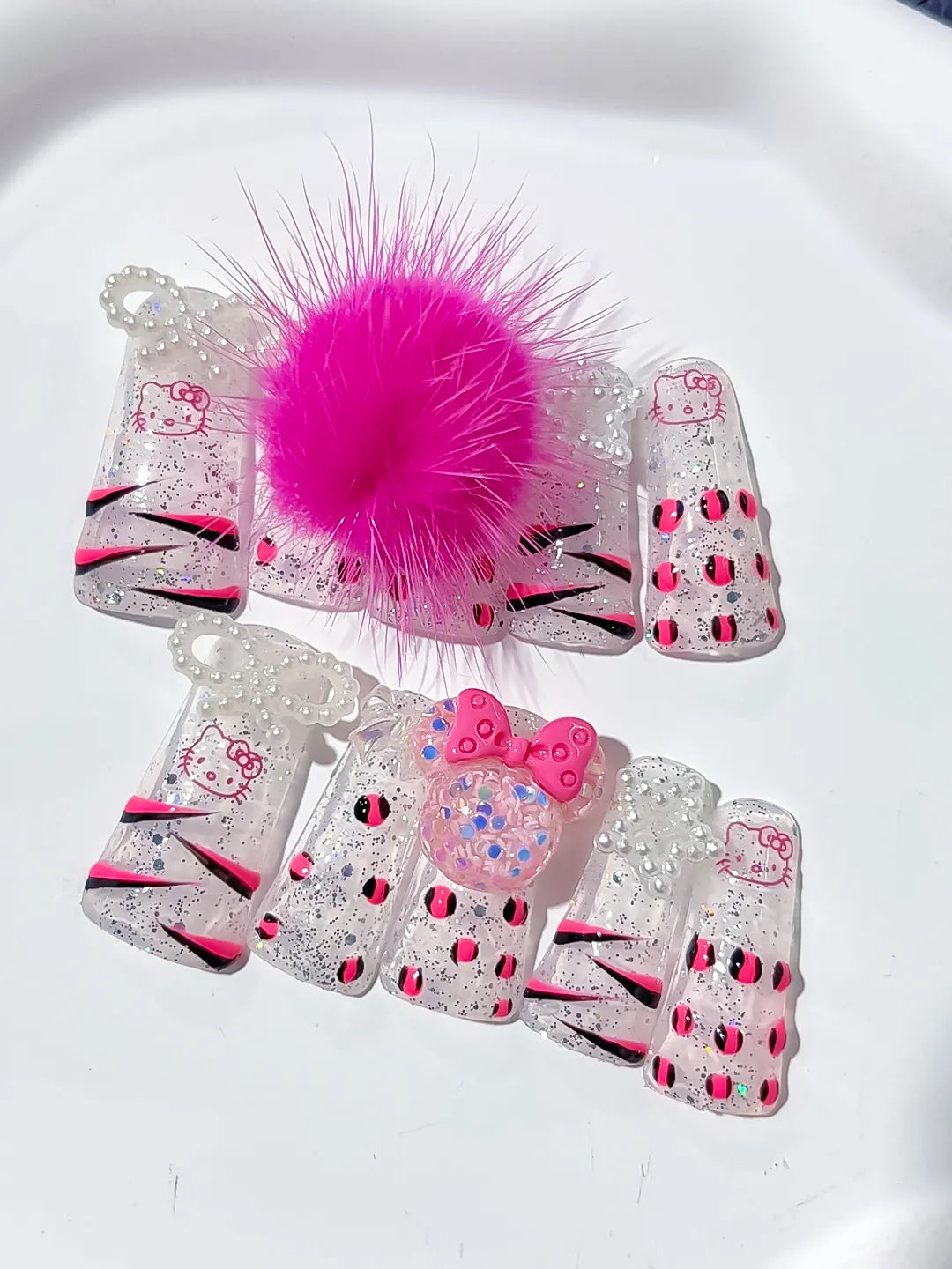 Long White Pink Duck Glitter Hello Kitty Bow