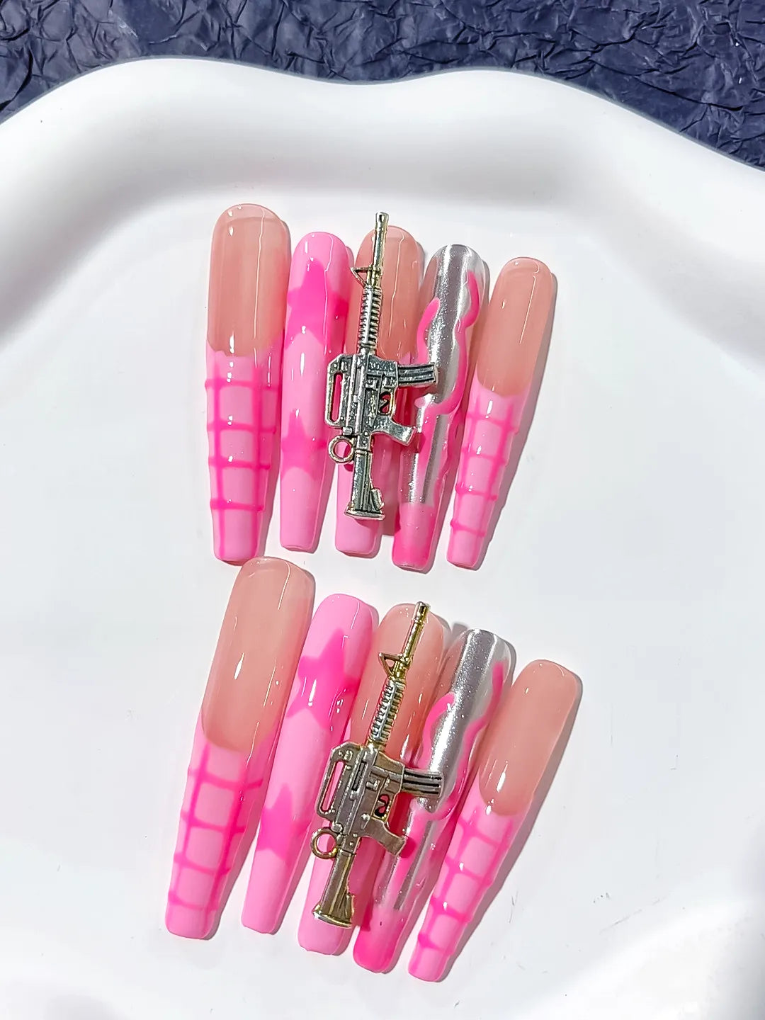 Long Nude Pink Coffin Abstract Metallic Charm