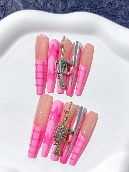 Long Nude Pink Coffin Abstract Metallic Charm