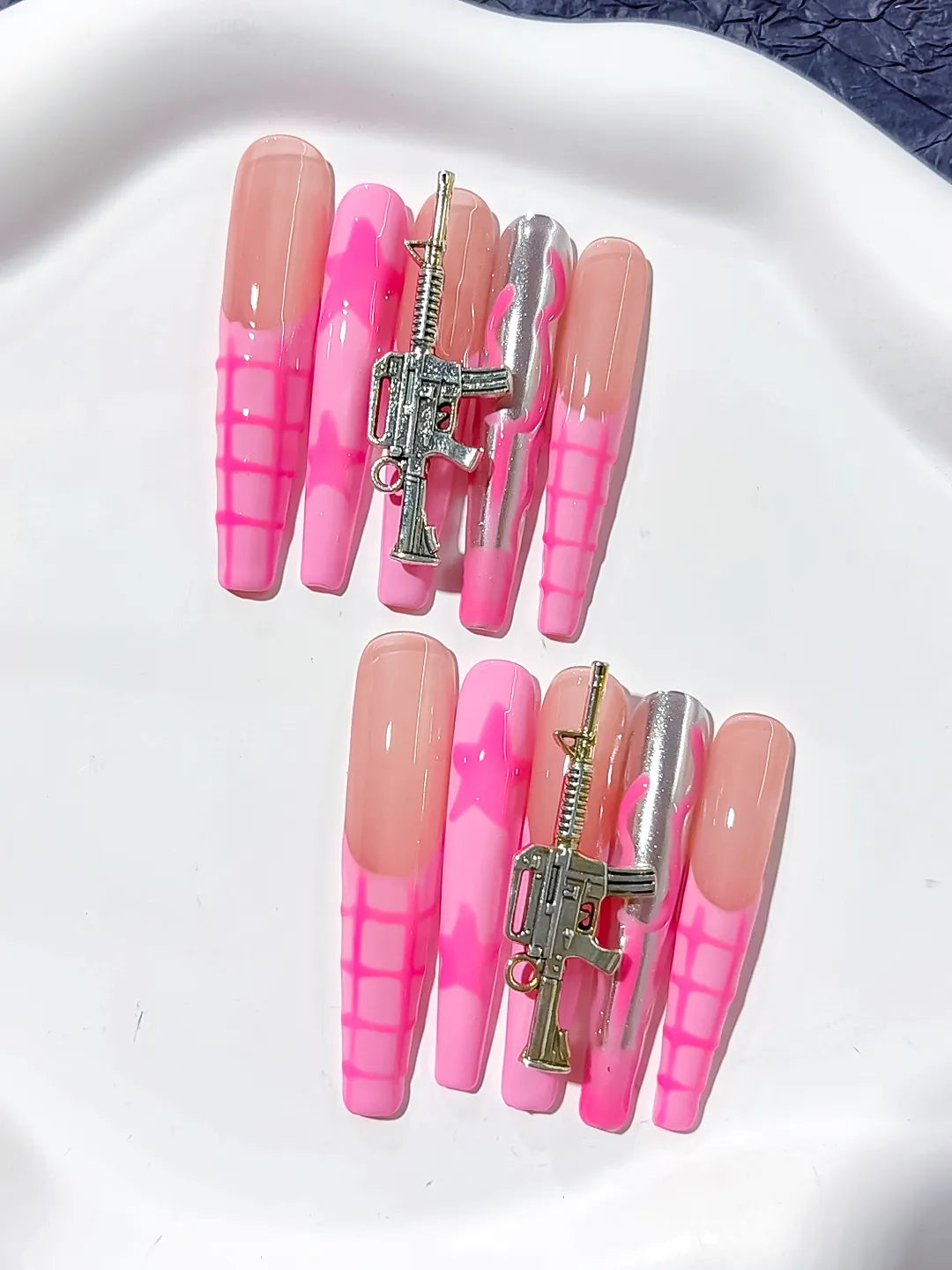 Long Nude Pink Coffin Abstract Metallic Charm