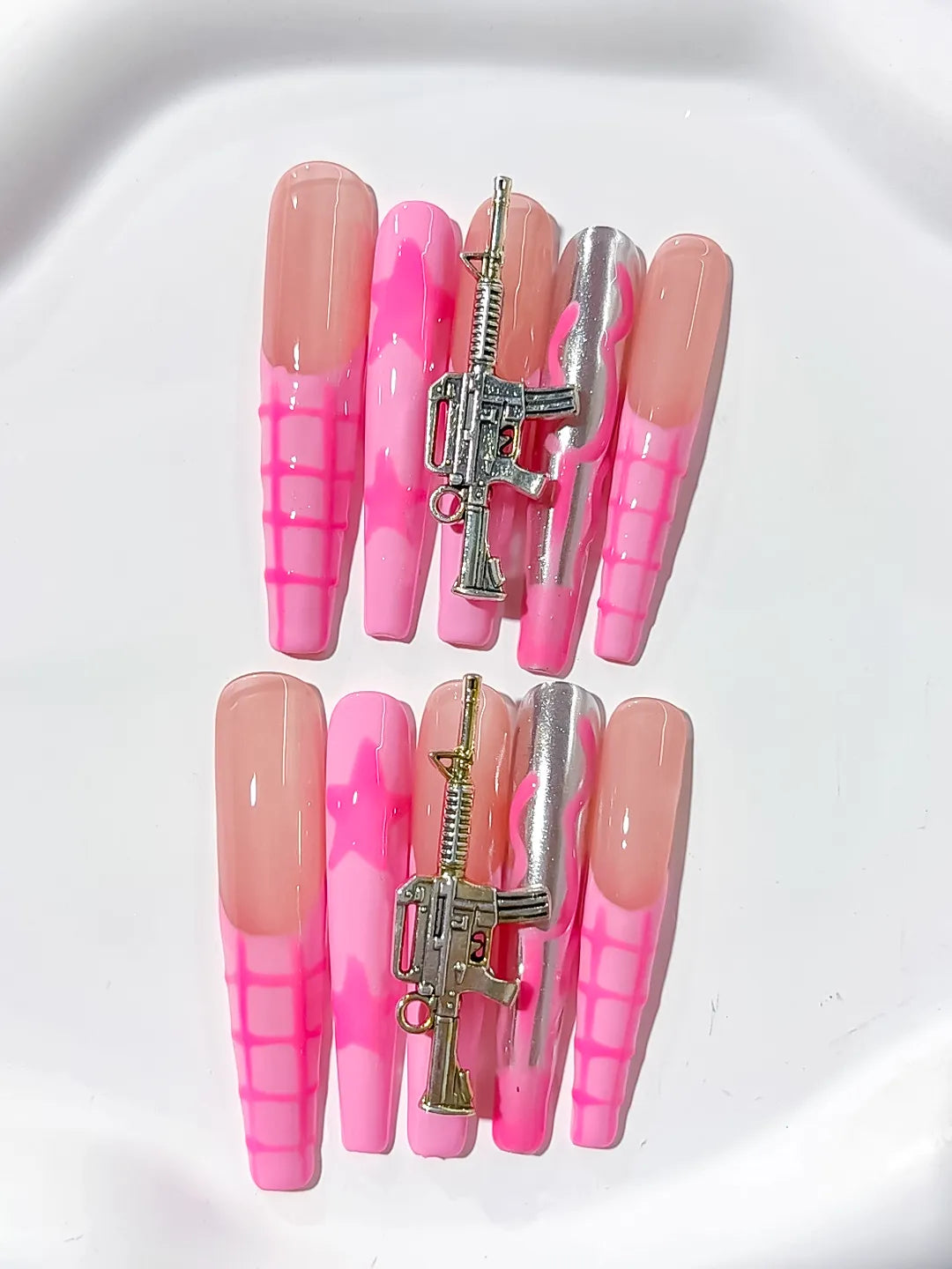 Long Nude Pink Coffin Abstract Metallic Charm