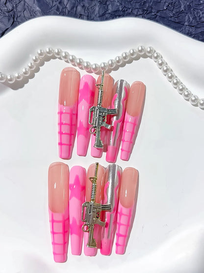 Long Nude Pink Coffin Abstract Metallic Charm