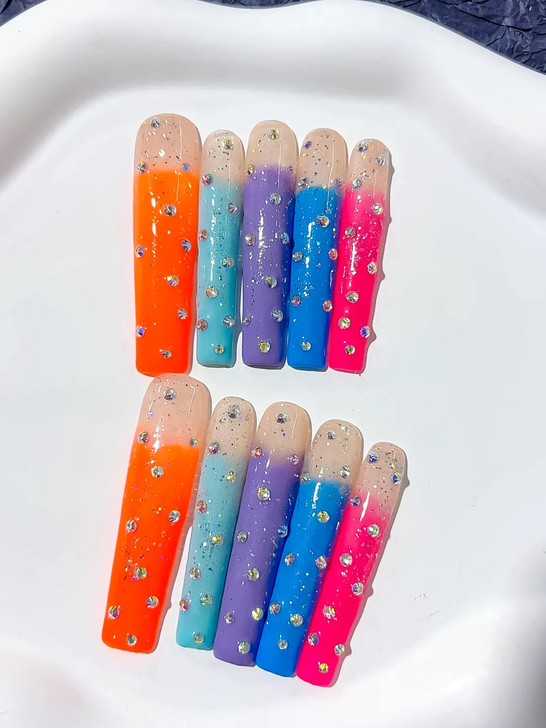 Long Nude Orange Square Ombre Glitter Rhinestone