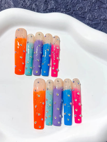 Long Nude Orange Square Ombre Glitter Rhinestone