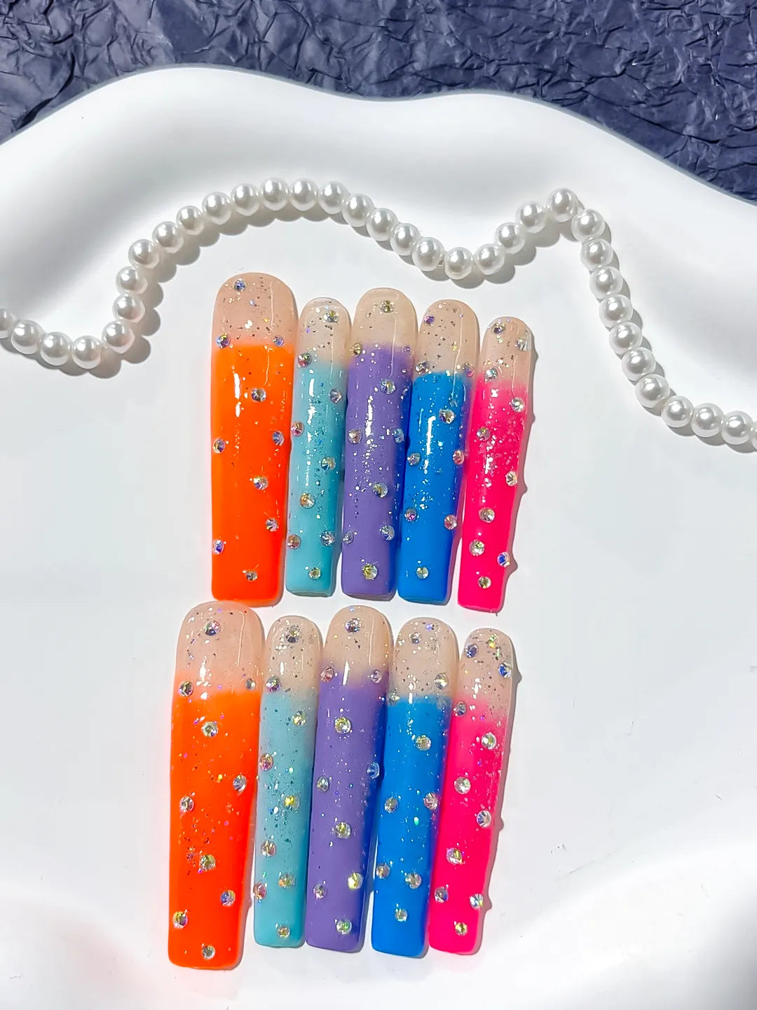Long Nude Orange Square Ombre Glitter Rhinestone