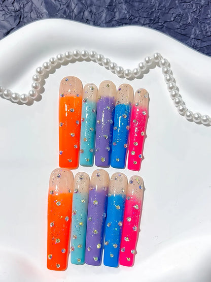 Long Nude Orange Square Ombre Glitter Rhinestone