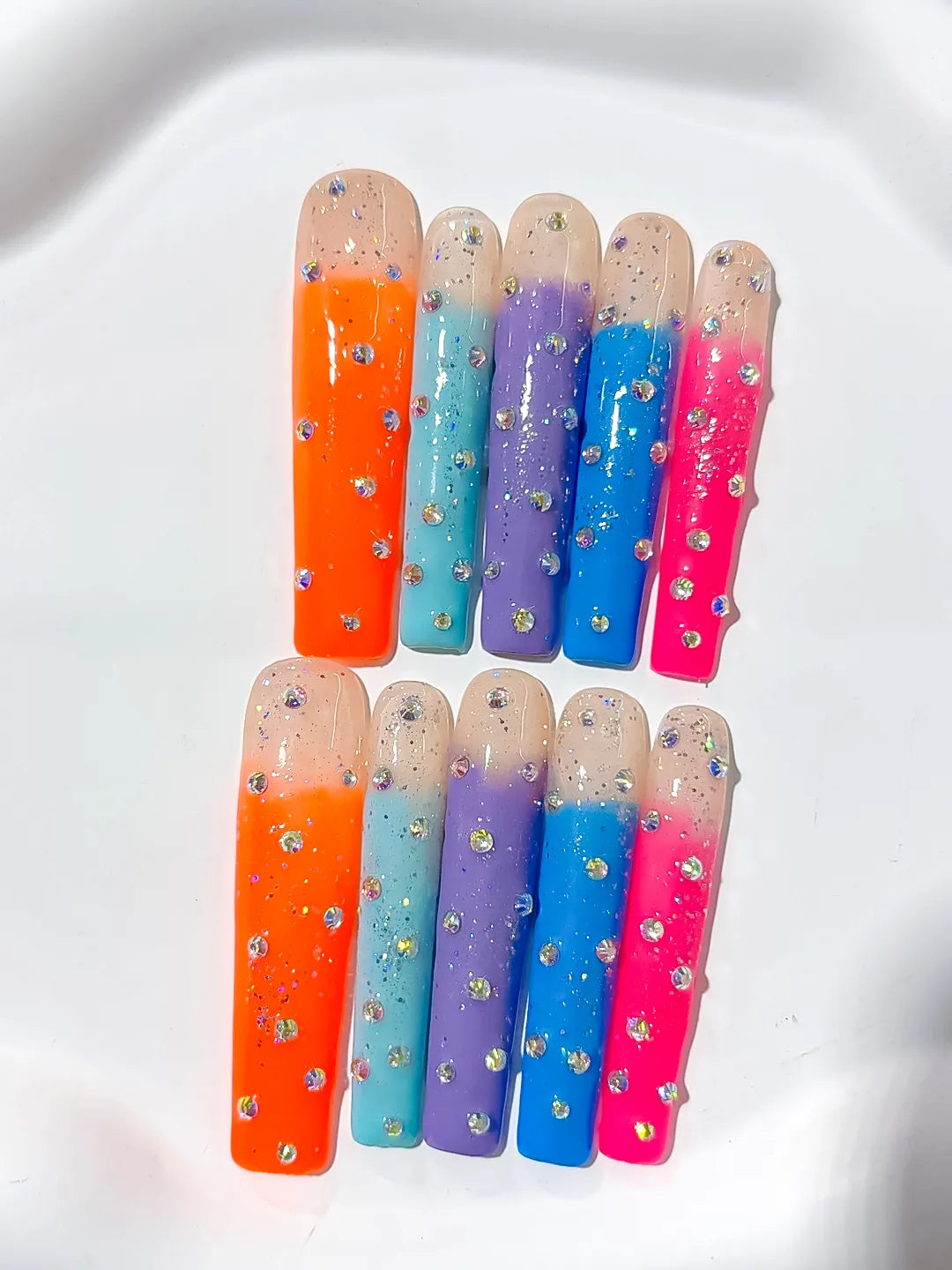 Long Nude Orange Square Ombre Glitter Rhinestone