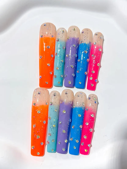 Long Nude Orange Square Ombre Glitter Rhinestone