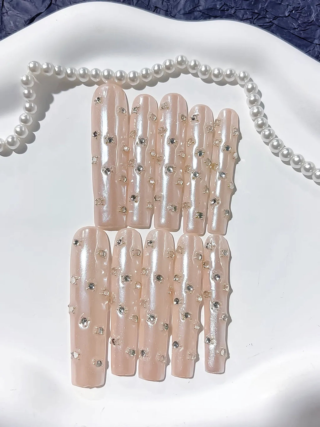 Long Nude White Square Holographic Rhinestone