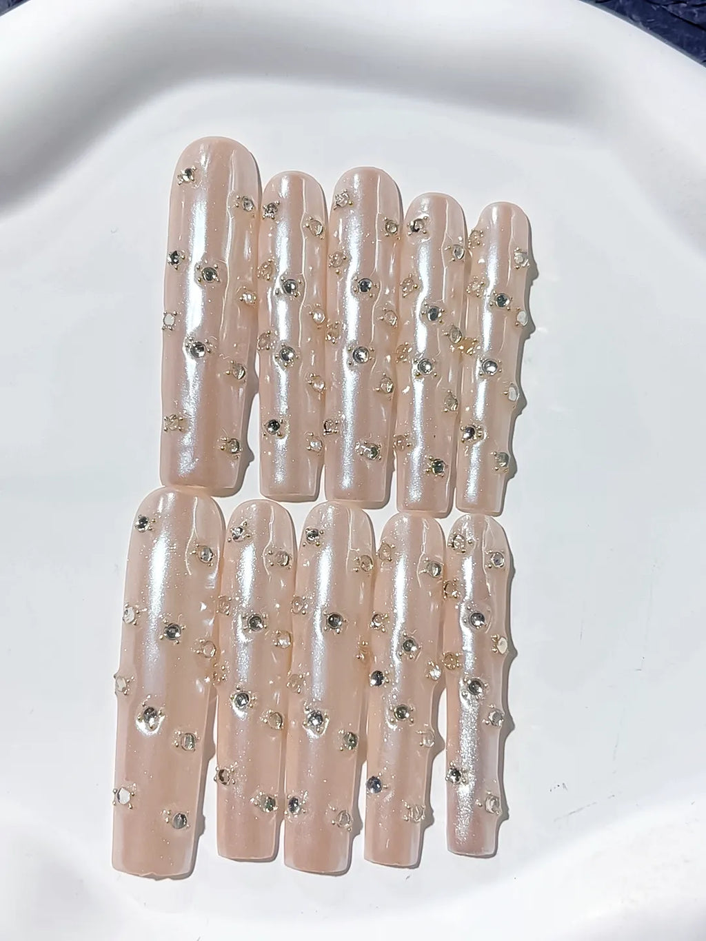 Long Nude White Square Holographic Rhinestone