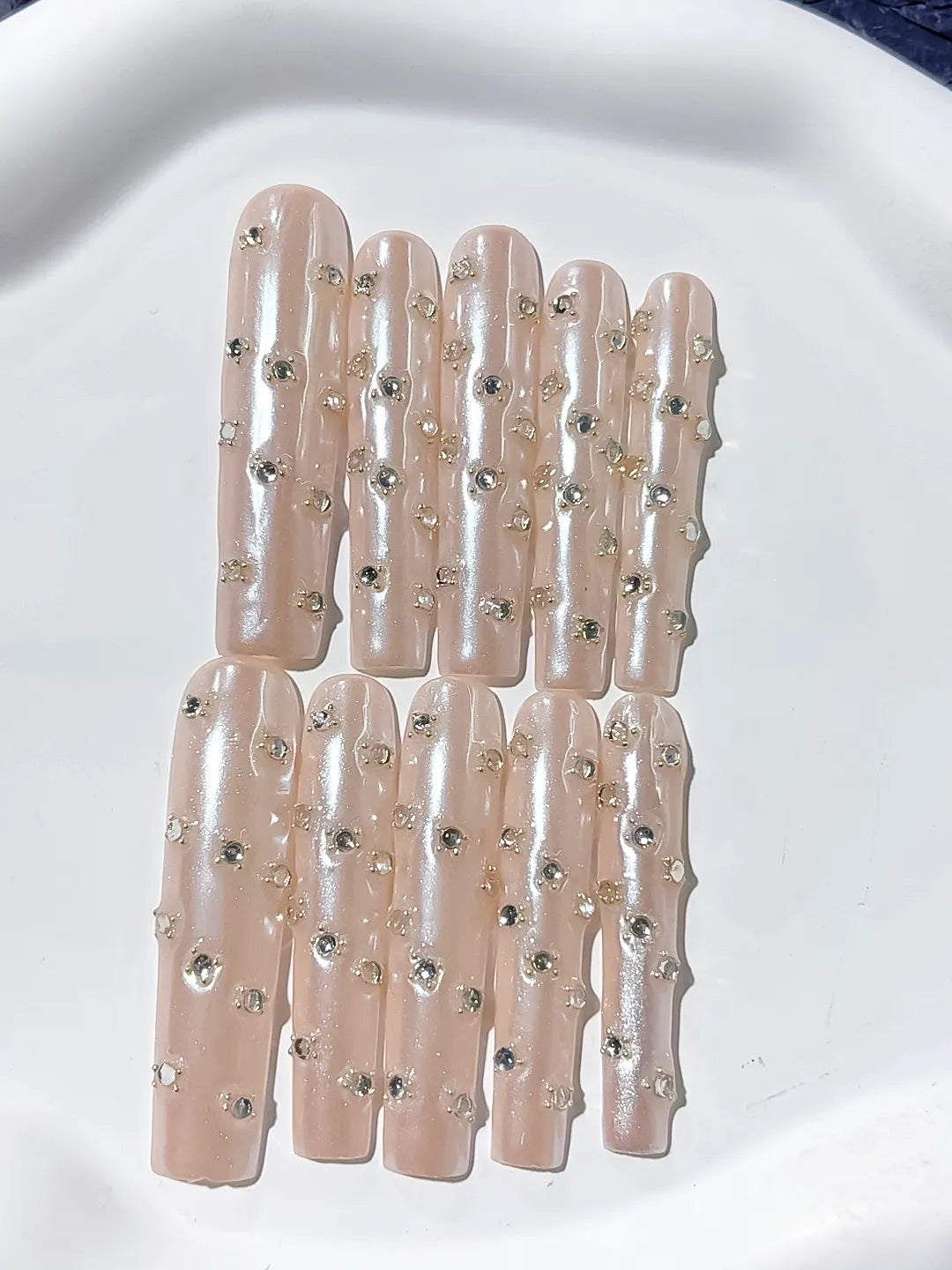 Long Nude White Square Holographic Rhinestone