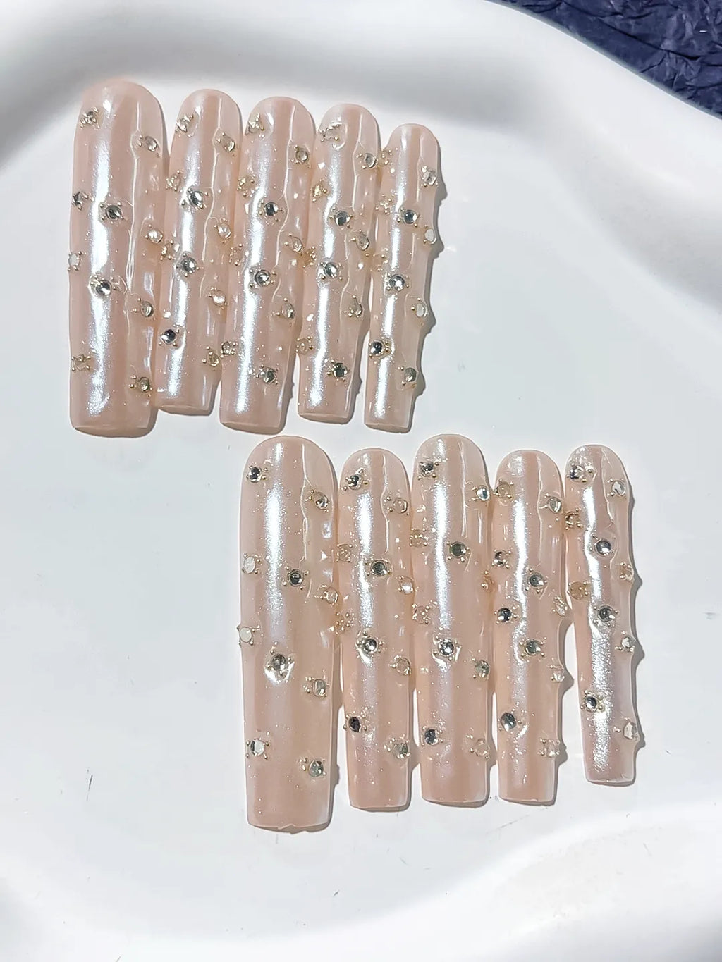 Long Nude White Square Holographic Rhinestone