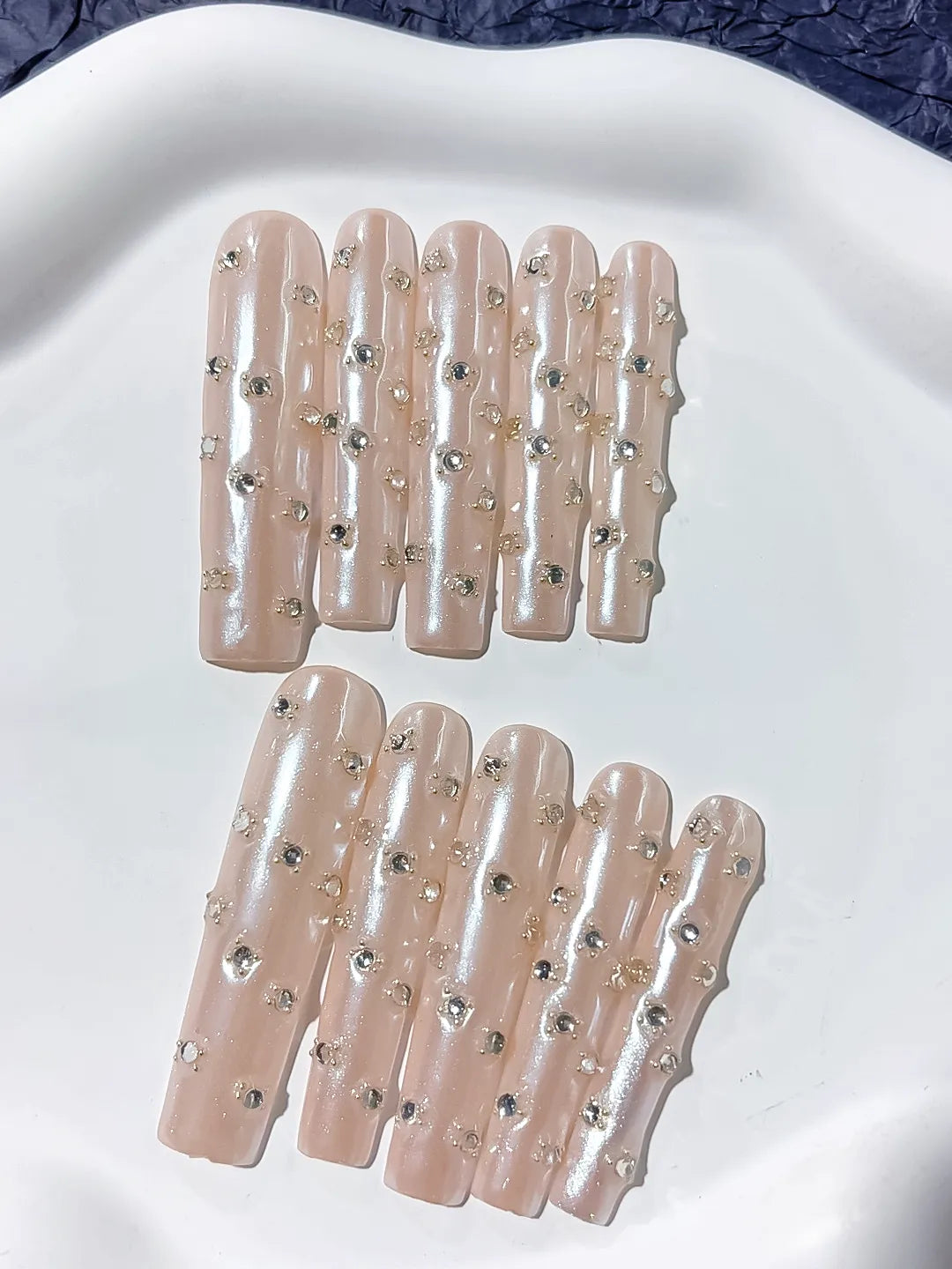 Long Nude White Square Holographic Rhinestone