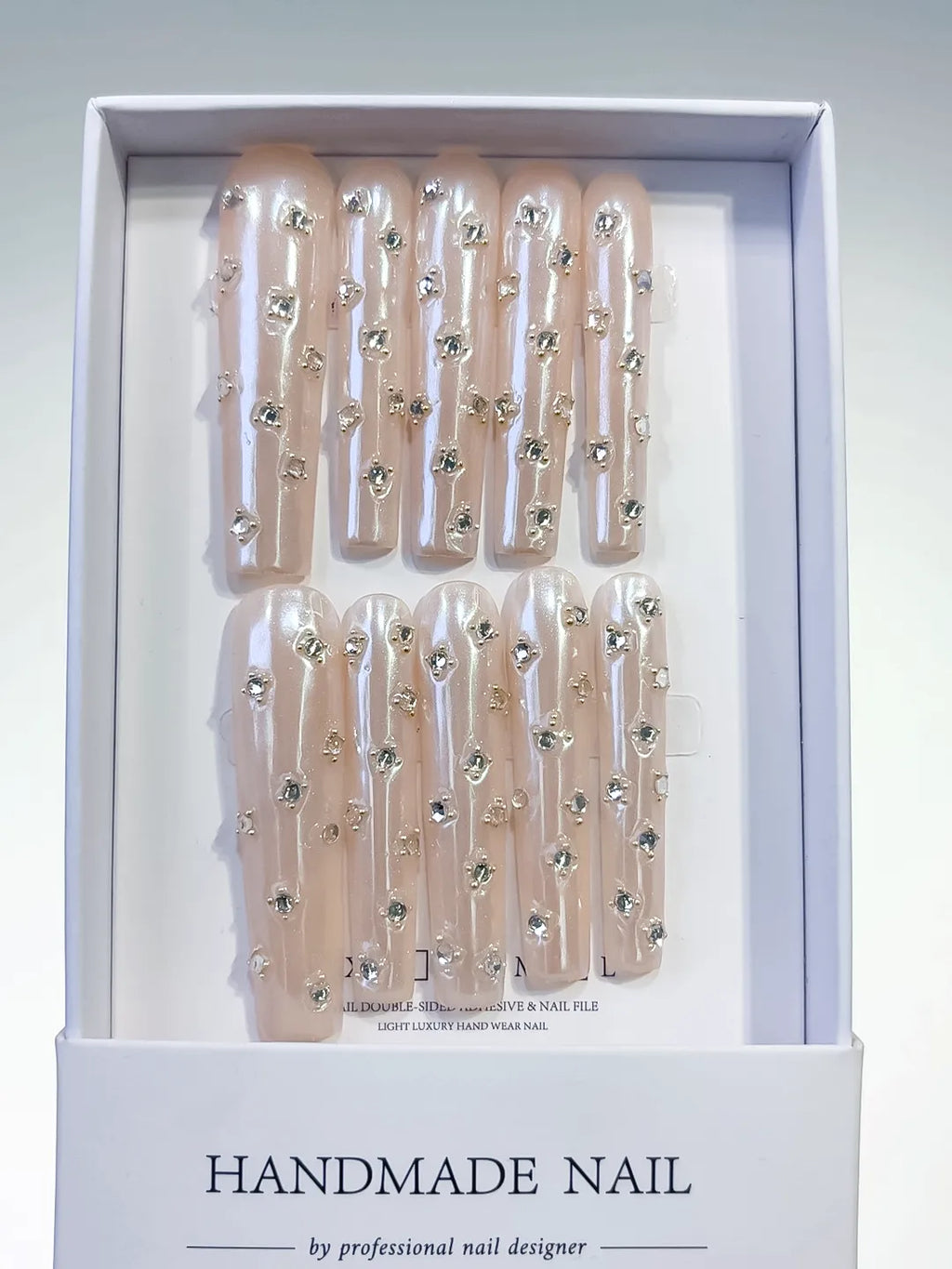 Long Nude White Square Holographic Rhinestone