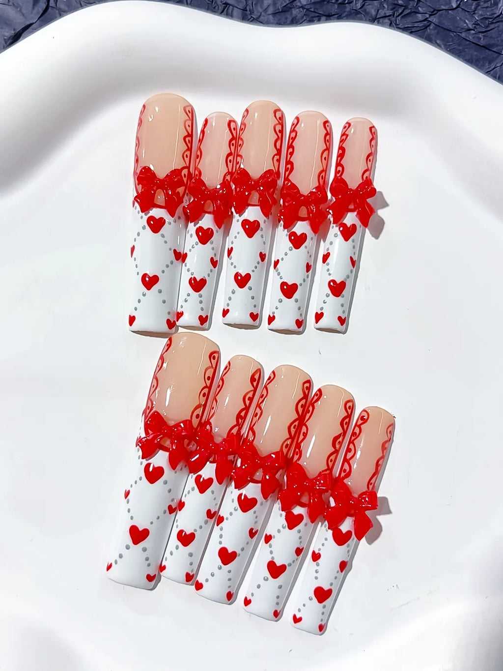 Long Nude White Square French tip Bow Heart