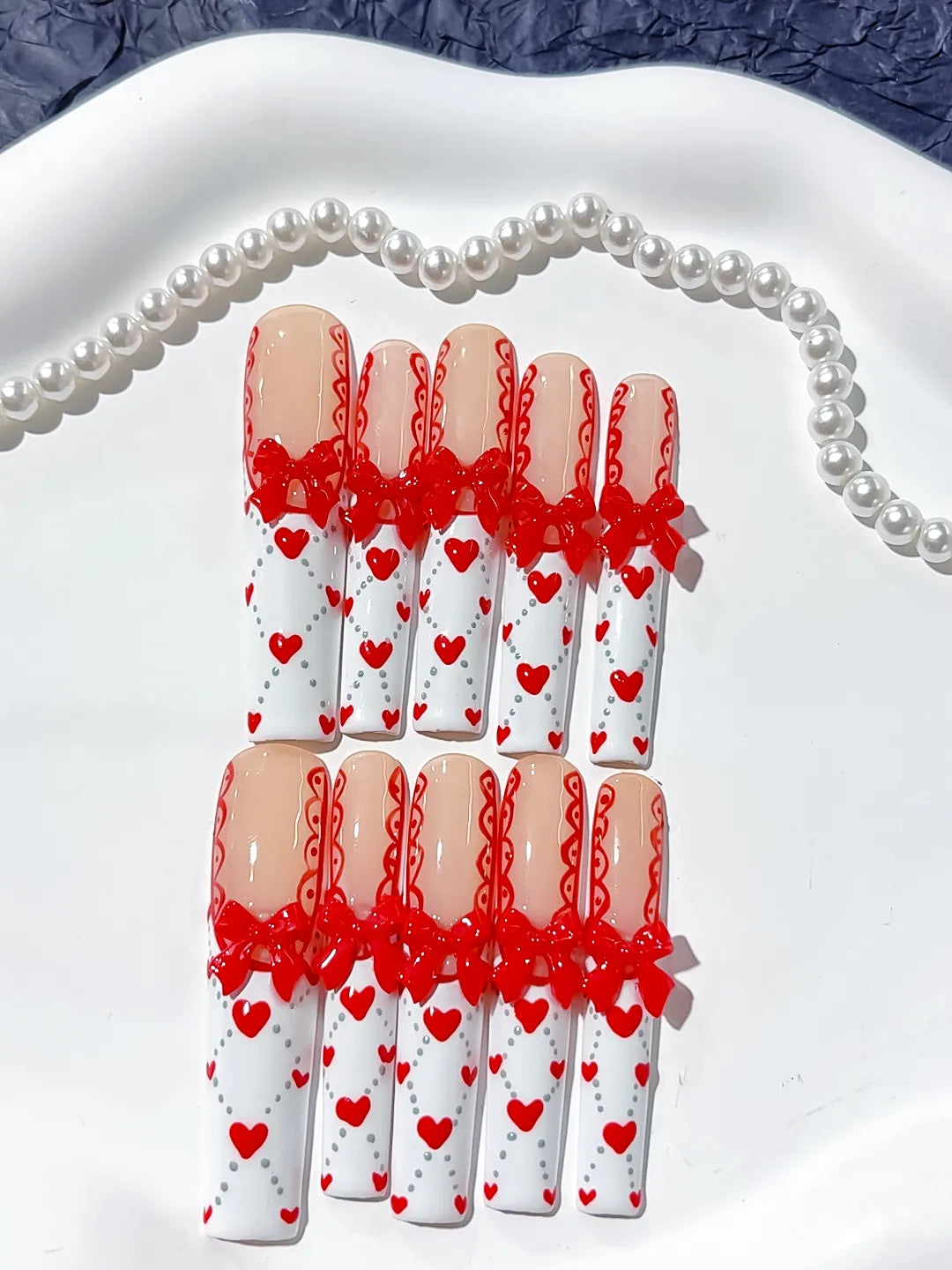 Long Nude White Square French tip Bow Heart
