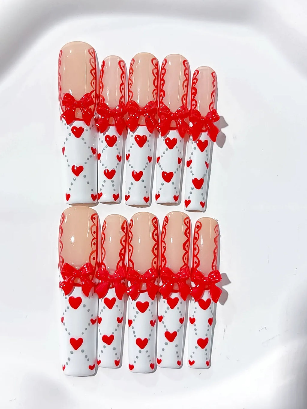 Long Nude White Square French tip Bow Heart