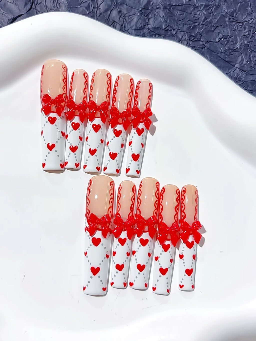 Long Nude White Square French tip Bow Heart