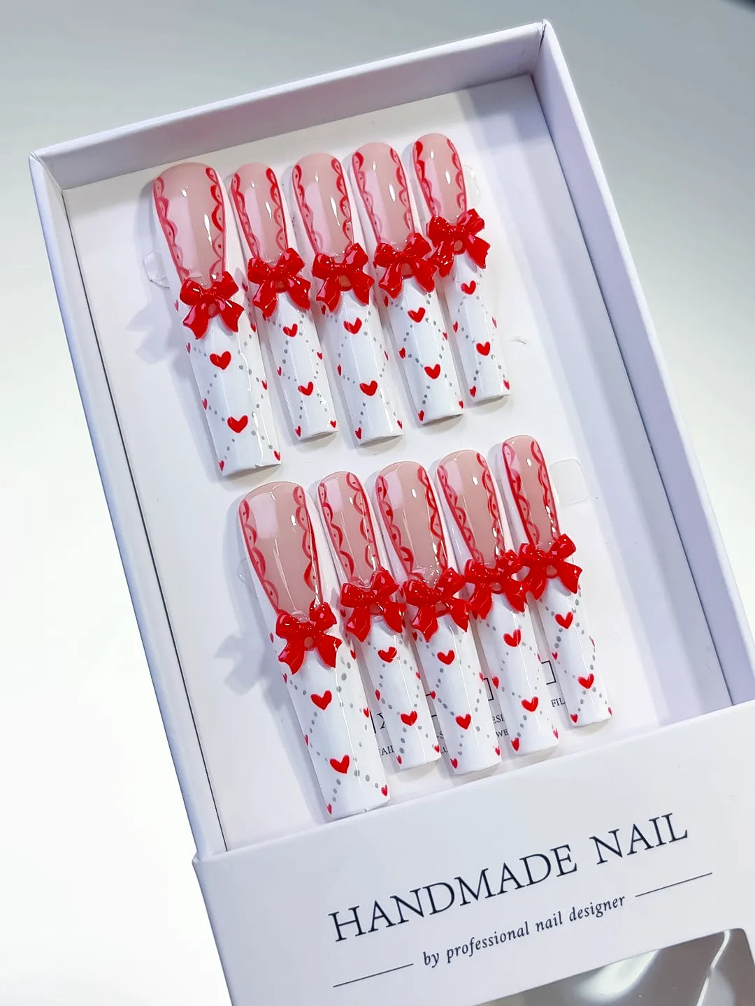 Long Nude White Square French tip Bow Heart