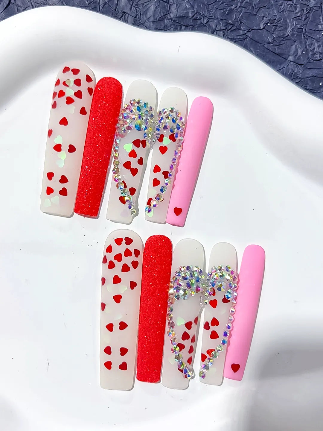 Long White Red Square Abstract Heart Rhinestone
