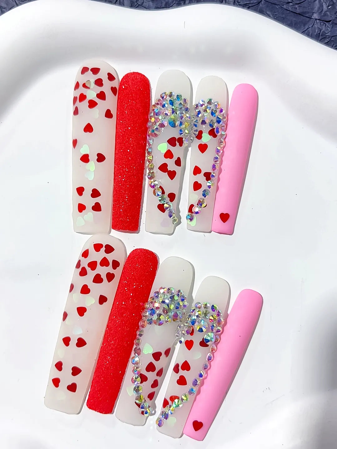 Long White Red Square Abstract Heart Rhinestone