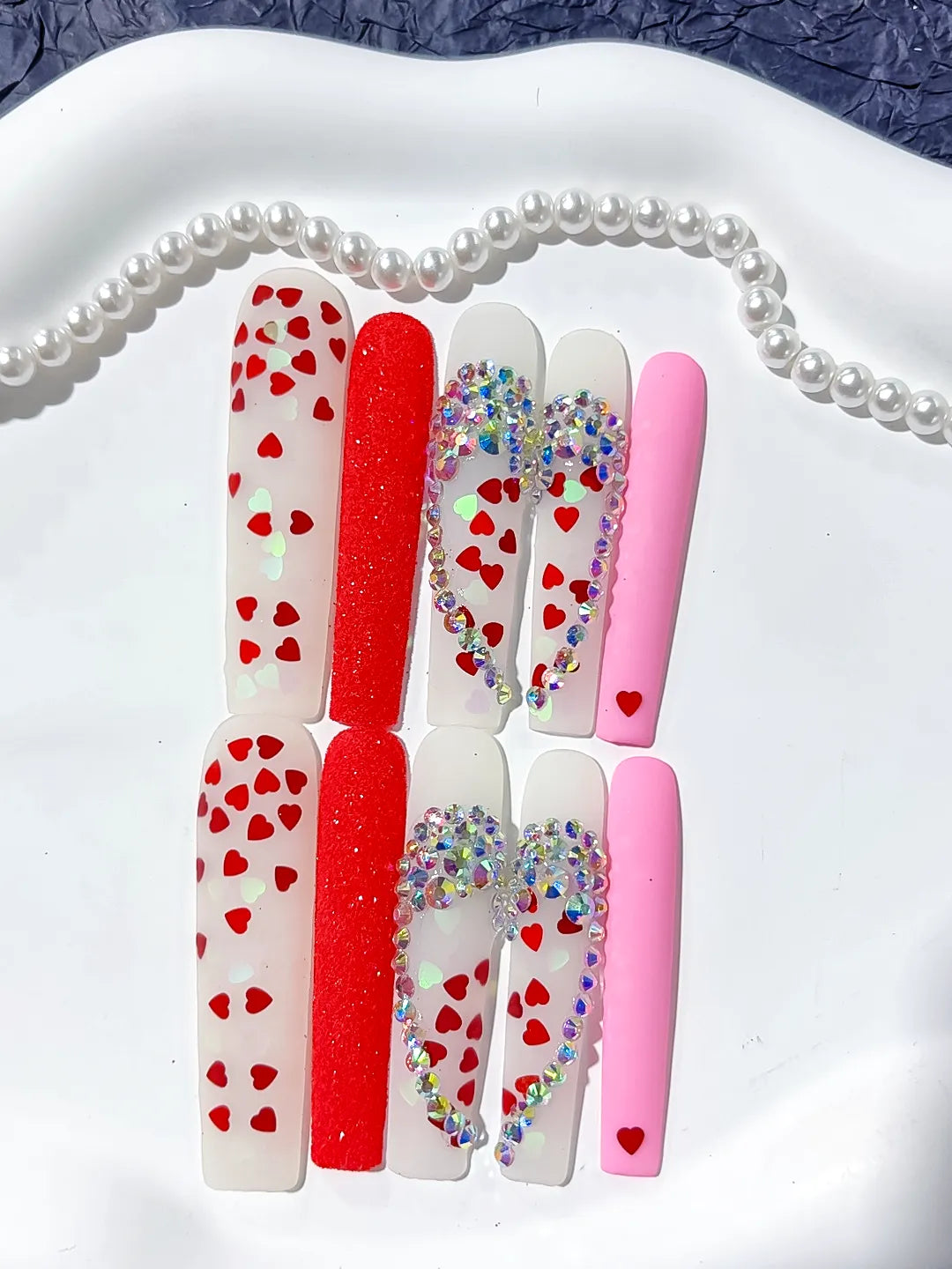 Long White Red Square Abstract Heart Rhinestone
