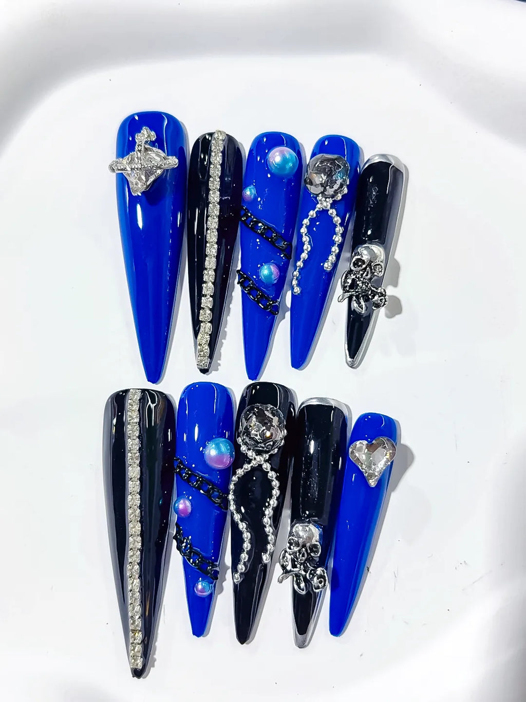 Long Blue Black Stiletto Solid color Planet Pearl
