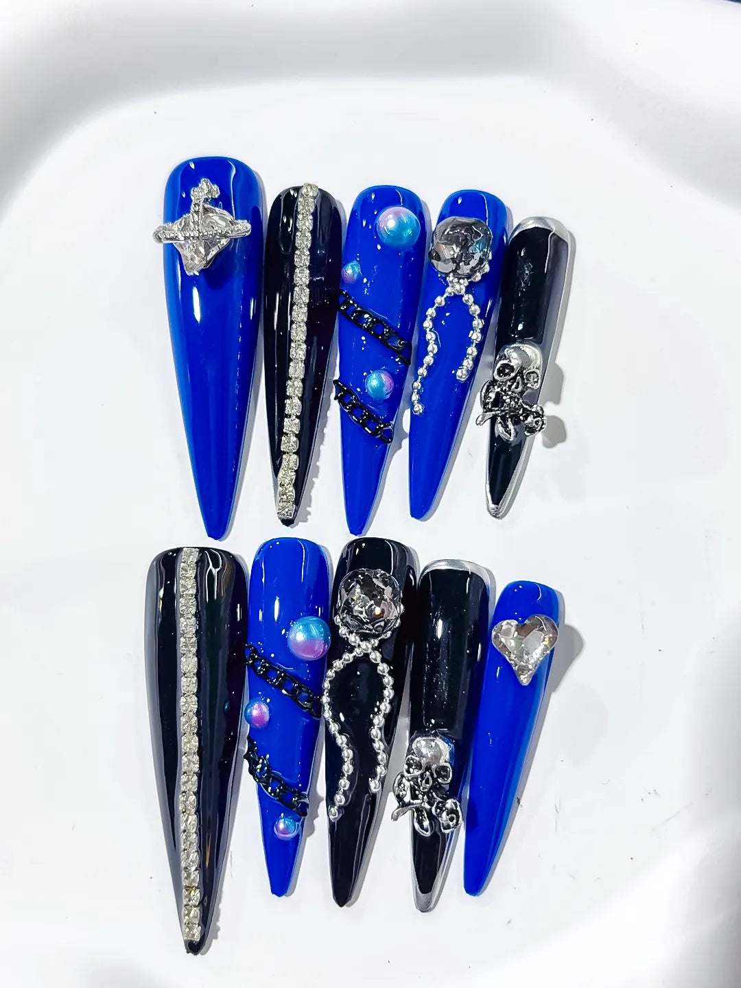 Long Blue Black Stiletto Solid color Planet Pearl