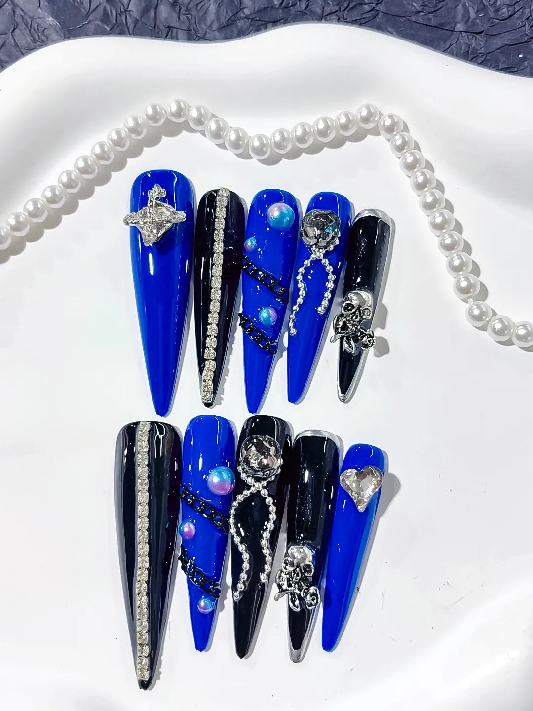 Long Blue Black Stiletto Solid color Planet Pearl