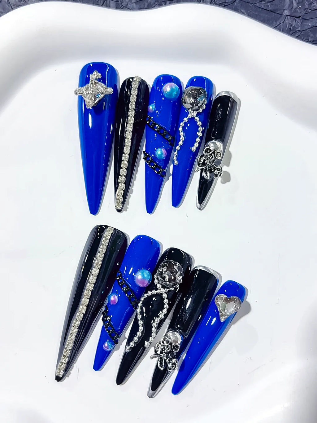 Long Blue Black Stiletto Solid color Planet Pearl