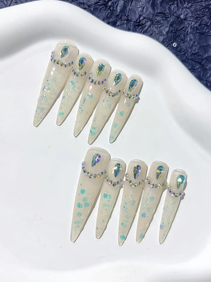 Long White Multicolor Stiletto Holographic Rhinestone
