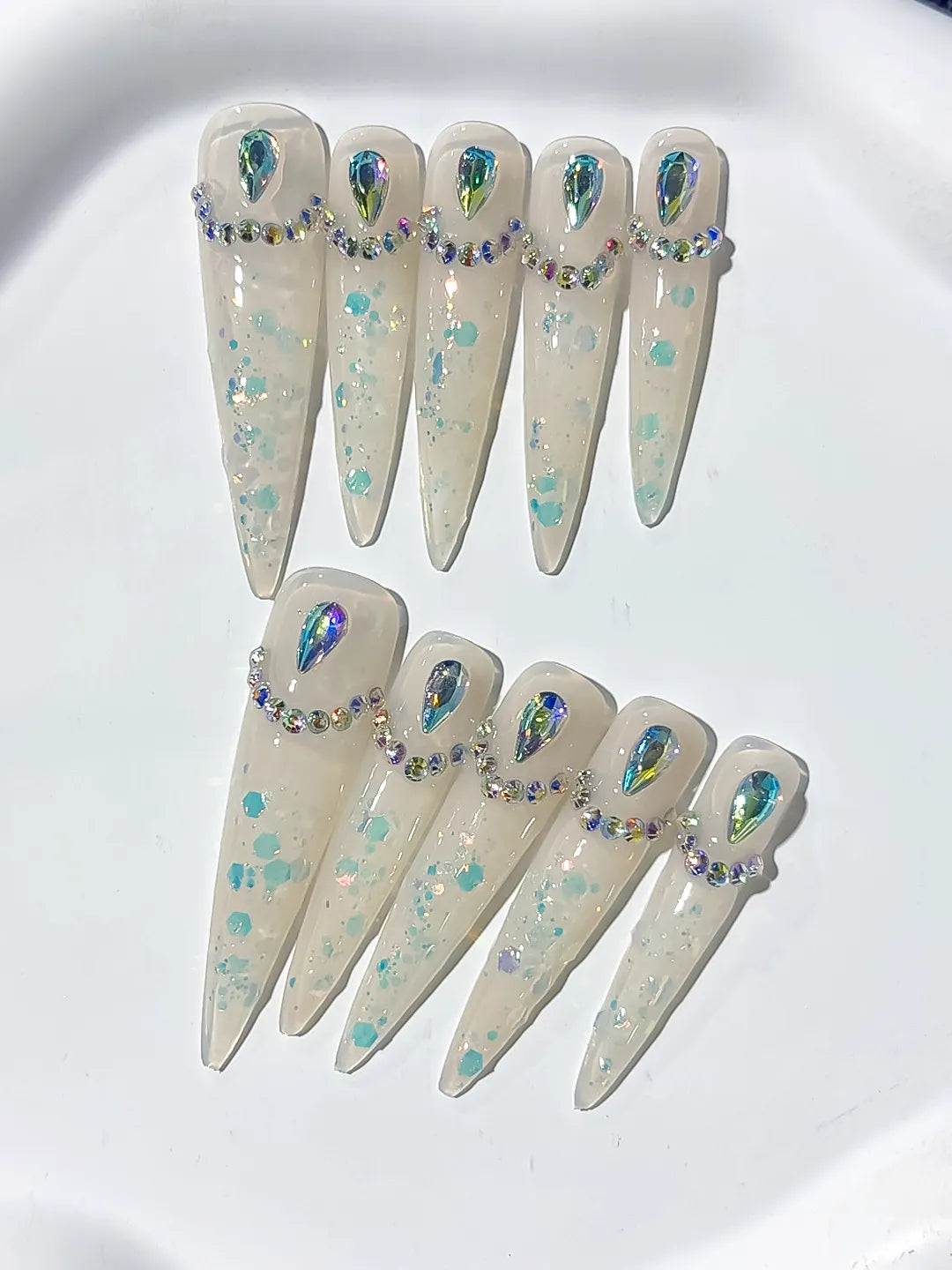 Long White Multicolor Stiletto Holographic Rhinestone